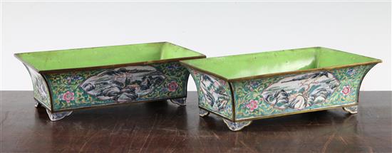 A pair of Chinese Canton enamel rectangular planters, mid 19th century, 19.5cm